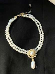 1pc Necklace And 1 Pair Earrings Elegant Vintage Oval Rhinestone Layered Faux Pearl Necklace And Earring Jewelry Set, Sophisticated Delicate Design, Suitable For Women's Daily And Festival Occasions