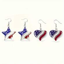 2 Pairs Of American Independence Day Earrings, July 4th Earrings, Commemorative Day Gift Earrings With Stars, Hearts, And Designs, Party Gifts, Holiday Gifts - 兩對 - 查看 1
