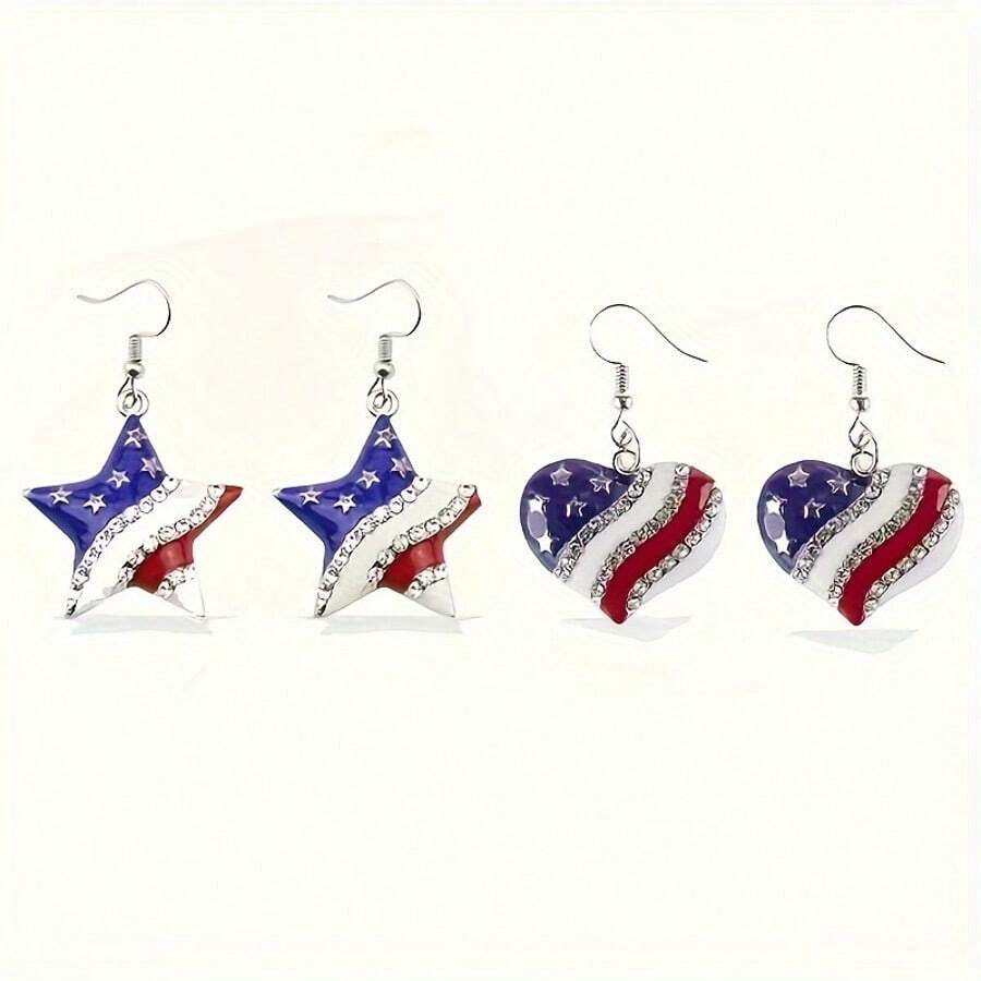 2 Pairs Of American Independence Day Earrings, July 4th Earrings, Commemorative Day Gift Earrings With Stars, Hearts, And Designs, Party Gifts, Holiday Gifts - 兩對 - 查看 1