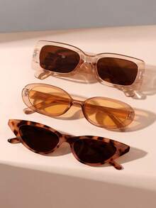 3 Pcs European Style Squared Frame Fashion Glasses, Fashionable Triangle Shape Glasses - Khaki - View 3