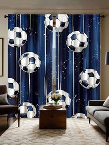 2pcs Navy Blue & White Football Printed Curtains, High-Definition Digital Printing, Rod Pocket Installation, 100% Polyester, 90g/Sq.M, Suitable For All Seasons, Light Filtering, Privacy Protection, Anti-UV Decorative Curtains - Multicolor - View 4