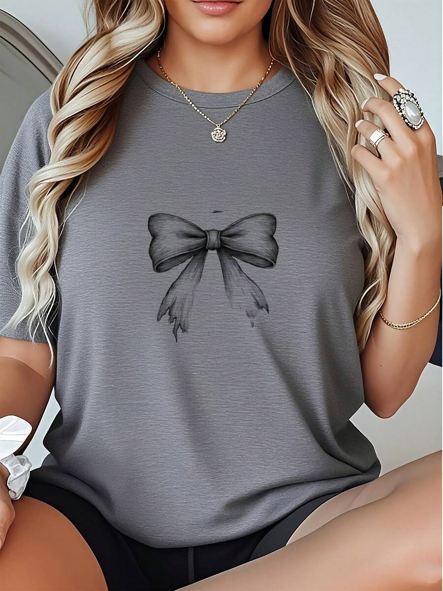 Women's Summer Cotton T-Shirt- Black And White Drawing Of A Ribbon Bow With A Star Above It - Grey - View 1