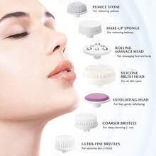 Facial Cleansing Brush Silicone Face Scrubber: 7 In 1 FBS-D Electric Exfoliating Rotating Massage Device Waterproof Deep Cleaning Exfoliation Spa Machine - Electronic Skin Care Wash System - Grey - View 7
