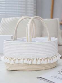 1pc Baby Diaper Storage Basket, Toy Organizer Basket With Tassel Handle, Handwoven Divided Portable Design