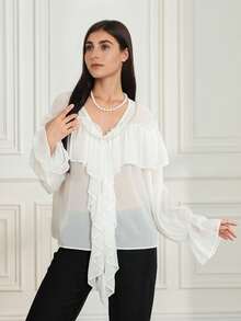 Women's Long Sleeved Shirt, Solid Color Pleated V-Neck Chiffon Shirt, Spring Loose Casual Top Street Wear, Suitable For Outdoor Travel, New Year's, Christmas, Valentine's Day Gifts, Classic Elegance,  , Autumn And Winter Clothing - Ivory - View 6