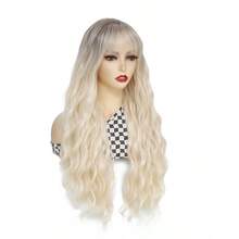 26-Inch Brown To Light Blonde Long Curly Wave Wig With Bangs, Soft Heat Reisitant Synthetic Fiber Hair Wigs, Women's Cosplay And Daily Wear Wig For Christmas And Music Festivals, Basic Style
