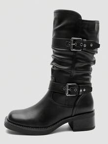 GLOBALWIN Women's Motorcycle Boots Fall Fashion Mid Calf Boots For Women Square Toe Low Heel Fall Boots Halloween Season - 黑色 - 查看 4