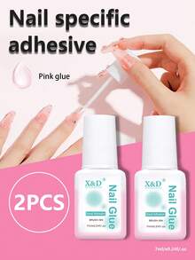 2pcs Pink Liquid Nail Glue For Manicure, Strong Quick Dry Adhesive With Brush For Nail Art, Jewelry, DIY Accessories - Pink - View 1