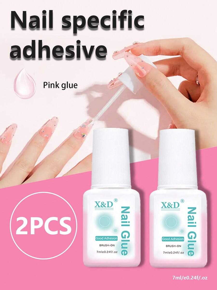 2pcs Pink Liquid Nail Glue For Manicure, Strong Quick Dry Adhesive With Brush For Nail Art, Jewelry, DIY Accessories - Pink - View 1