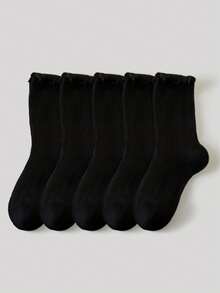 5 Pairs Kids Ruffle Edge Sports Socks, Simple Classic Fashion , Skin-Friendly Comfortable Soft Breathable Casual Mid-Calf Socks, Suitable For Daily Life, Holidays, Back To School, Princess Dress Matching - Black - View 1