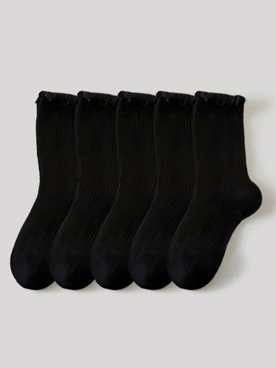 5 Pairs Kids Ruffle Edge Sports Socks, Simple Classic Fashion , Skin-Friendly Comfortable Soft Breathable Casual Mid-Calf Socks, Suitable For Daily Life, Holidays, Back To School, Princess Dress Matching - Black - View 1