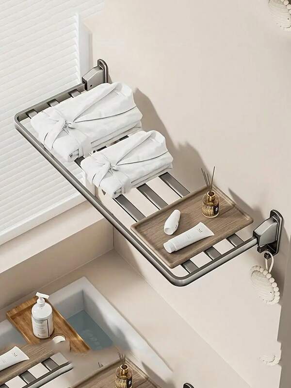 1pc Foldable Aluminum Alloy Wall Mounted Clothes Drying Rack With Hooks - Multipurpose Home, Bathroom Or Bedroom Organizer For Clothes, Socks And Shoes - No Drill Install, Wall Mounted Clothes Rack | Modern Wall Mounted Clothes Rack | Sturdy Wall Mounted Clothes Rack