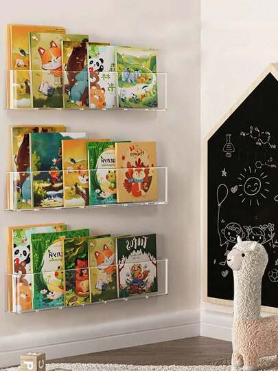 1pc Acrylic Transparent Invisible Wall Mounted Bookshelf, Hanging Book Display Rack For Children's Picture Books, Magazines, Reading Materials, No Drilling Required For Hallway, Door Back