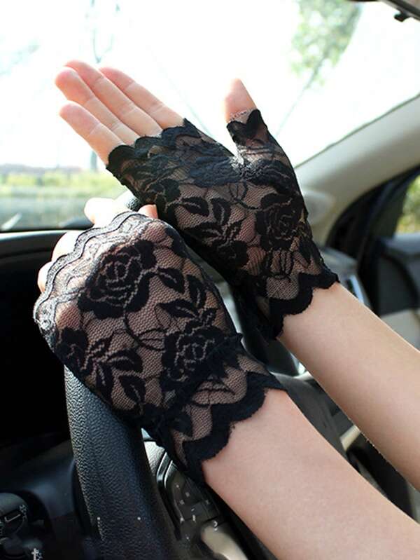 1 Par de Guantes de Encaje con Estampado Floral de Mujer de Estilo de los Años 50, Guantes de Encaje Sólido Sexy, Guantes Cortos sin Dedos con Protección Solar para Té, Guantes de Encaje de Boda de Mujer que Cubren Medio Dedo, Guantes Decorativos de Baile Vintage de los Años 60 con Tul para Baile en Bodas, Bailes, Eventos