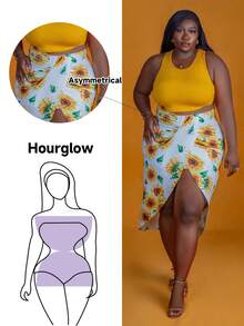 CurvyTilda Tildaharris Plus Size Vacation Style Two Pieces Set: Cropped Tank Top With Sunflower Print, High Slit Fitted Skirts With Pleated Ruffle Hem For Summer,Holiday Outfits Boho, For Hourglass Body Shape - Yellow - View 1
