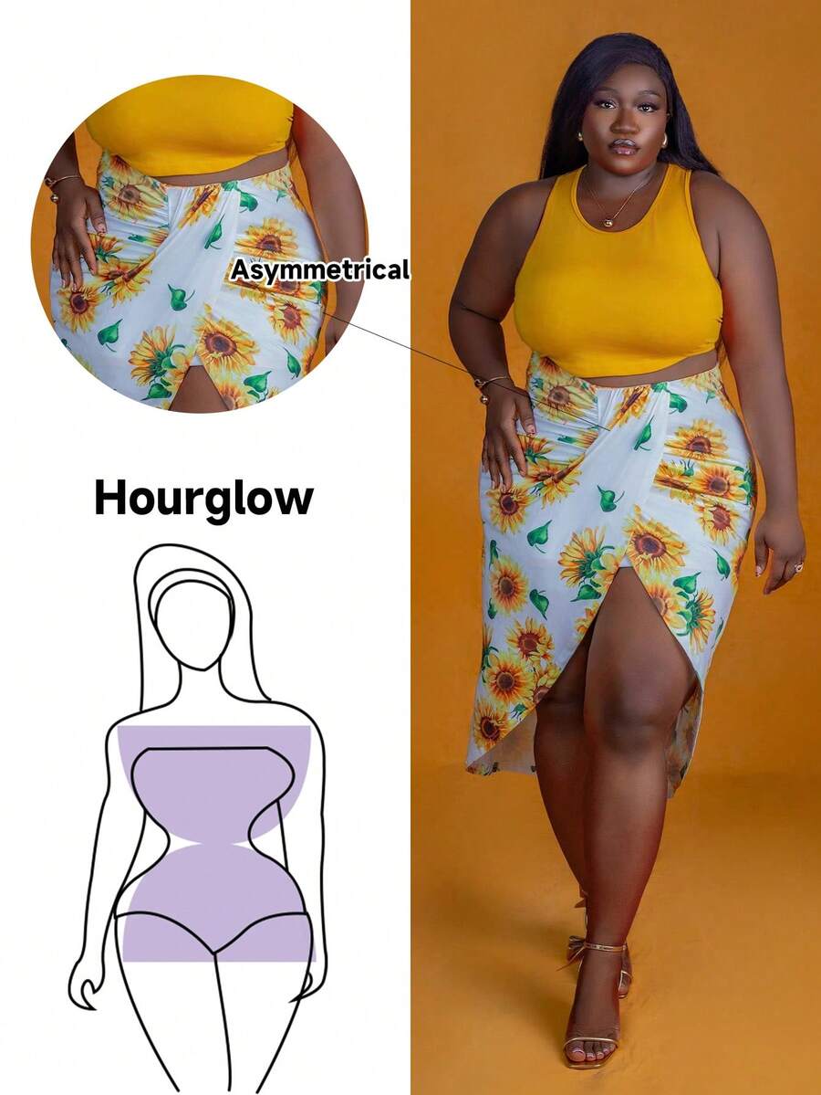 CurvyTilda Tildaharris Plus Size Vacation Style Two Pieces Set: Cropped Tank Top With Sunflower Print, High Slit Fitted Skirts With Pleated Ruffle Hem For Summer,Holiday Outfits Boho, For Hourglass Body Shape - Yellow - View 1