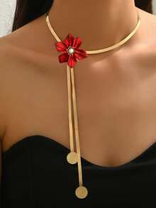 1 件优雅女士 Y 形项链，时尚简约红色树脂编织花朵吊坠，配扁平蛇链，几何圆形装饰，长颈链，日常佩戴或赠送朋友 - 紅色 - 查看 2