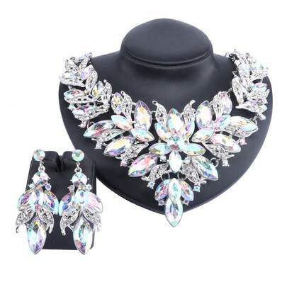 女士婚礼新娘伴娘水晶项链耳环派对舞会服装首饰套装