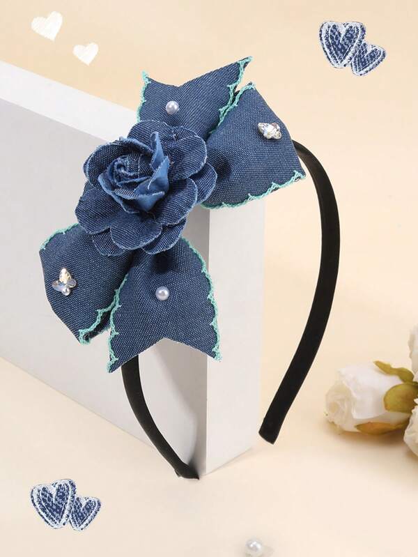 1pc Navy Blue Denim Headband For Girls Solid Color Denim Flower Bow Hairband With Pearl Butterfly Elegant Bow Head Band Casual Daily Outfits Bow Headwear Kids Hair Accessories