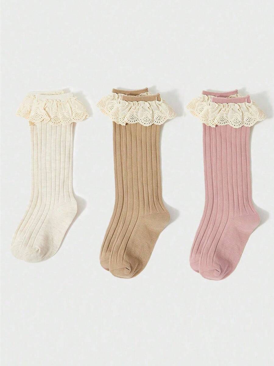 3 Pairs Kids Floral Lace Trim Solid Color Knee High Socks, Cute And Sweet For Girls' Everyday Wear, Spring/Summer