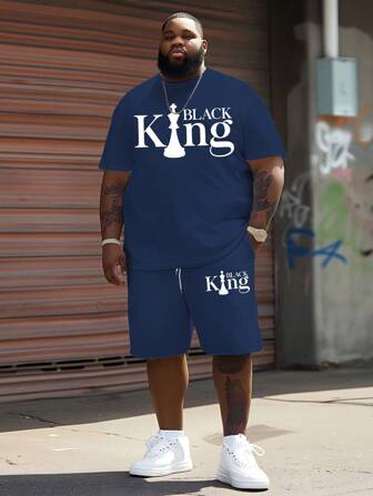 大码男式“国王”图案圆领短袖 T 恤和抽绳腰短裤套装