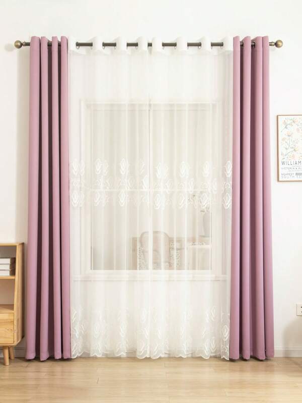 Set di 4 pezzi di tende oscuranti con ricamo, 2 pezzi di tende oscuranti di colore unito + 2 pezzi di tende trasparenti ricamate, oscurano la stanza, isolano dal calore, adatte per decorare soggiorno, camera da letto, sala da pranzo