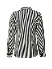 Vaiaye Striped Roll Up Sleeve Shirt Dress Button Front Long Sleeve Casual Dresses With Pockets - Black - View 4