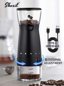 shoxil 1pc Electric Coffee Grinder, Portable USB Rechargeable Coffee Grinder, Large Capacity 60g Ceramic Burr Espresso Grinder, External Adjustment Coffee Bean Mill With 5 Precise Grind Settings, For Home, Office, Travel