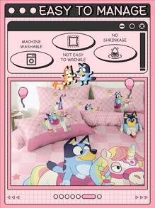 Bluey Juego de funda nórdica de 2/3 piezas con estampado de Bluey y unicornio, juego de ropa de cama acogedor y transpirable, piel amigable y cómodo, juego de edredón estilo dibujos animados, suave y anti-pilling, adorable textil para el hogar, decoración de la habitación de Bluey, de vuelta a la escuela