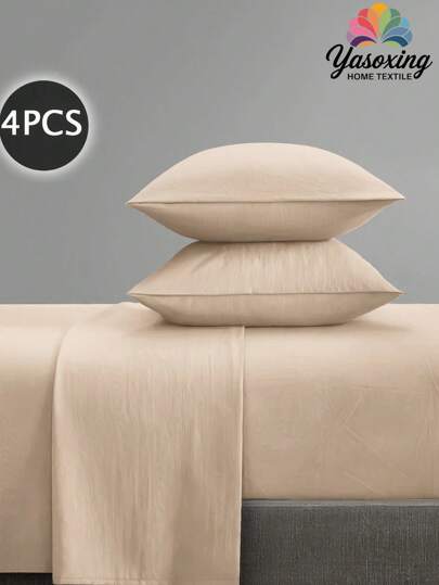 4pcs/Set Plain Khaki Sheet Set Easy Care Brushed Microfiber Soft Bedding Set Fitted Sheet Set (1pc Flat Sheet+1pc Fitted Sheet+2pcs Pillowcases) Solid Color Fitted Sheet Set King Queen Full TWIN SIZE Sheet Deep Pocket Up To 11.8 Inch Pillowcase, Soft Breathable Wrinkle-Free Better For Sleep, Luxury Hotel Style, Gift For Mom Dad Friend Domitory Bedding Back School Bedding