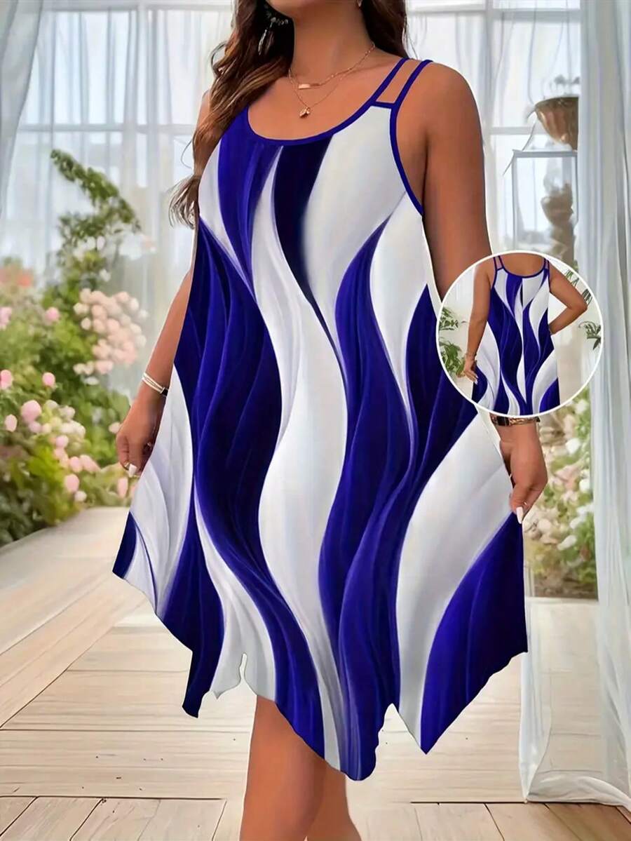 Đầm slip dáng suông bất đối xứng in họa tiết sọc, cỡ lớn, dành cho nữ, thích hợp cho kỳ nghỉ hè, mang phong cách thanh lịch. - Màu xanh lam - Xem 1