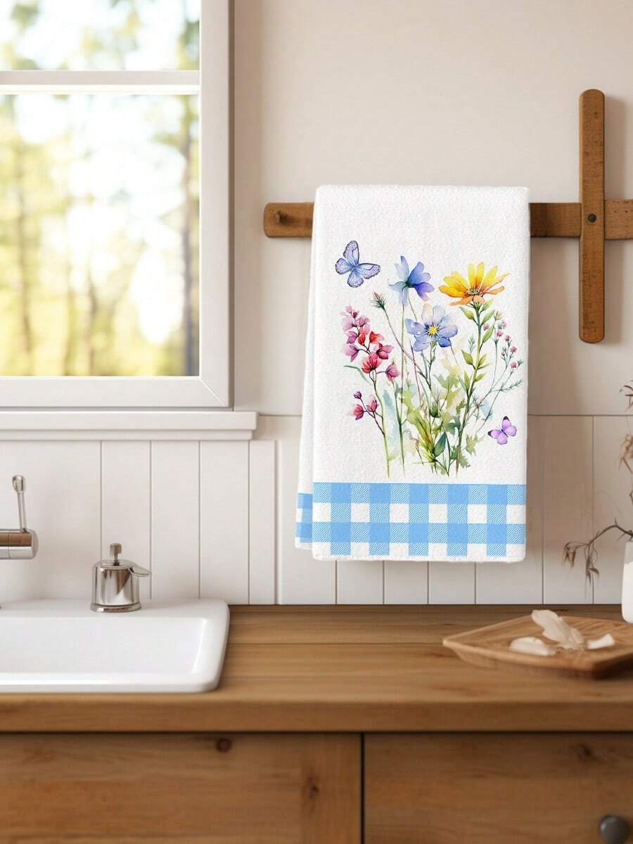 1 Pc Modern Microfiber Kitchen Towel Spring Floral Dish Cloth With Butterfly And Plaid Soft For Home And Restaurant Decoration Perfect Gift For Spring Dish Drying Floral Pattern Towel - Blue - View 1