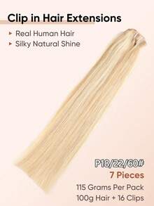 jessie's wig 杰西假发7件套，16个夹子，直发夹式接发，真人发，天然原生发，双层缝制，适合女性日常佩戴，易于佩戴，挑染款，P18/22/60# - SP18/22 - 查看 2