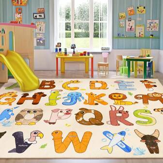 Kids Rug - Soft And Non-Slip Educational Rug For Learning ABC Letters, Animals, Maps, Vehicles, And Roads, Washable Classroom Rug For Toddler Nurseries And Kids' Room Decor