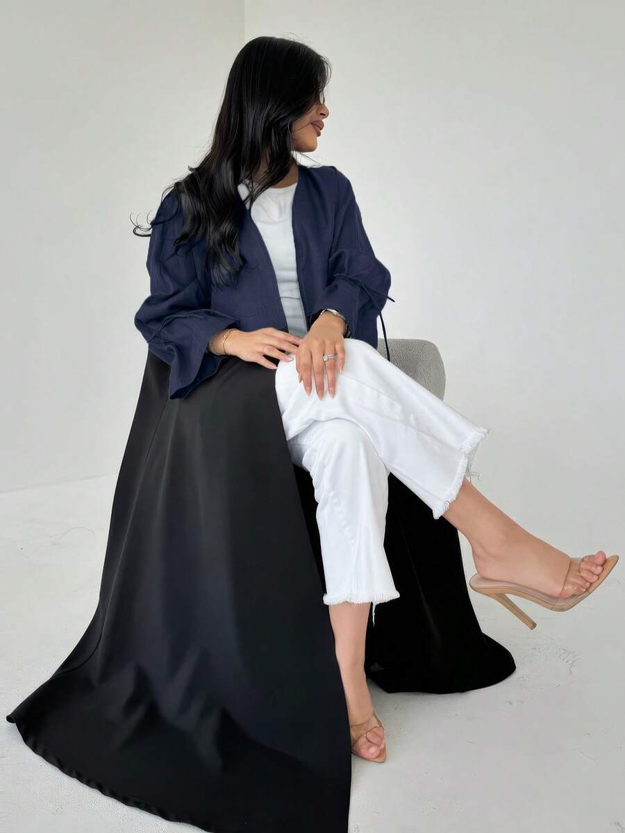 Long Sleeve Color Block Open Front Abaya Coat, Loose Casual Abayas, Spring/Summer For Women