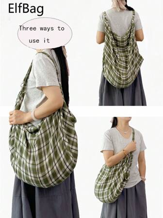 新款大容量格纹单肩包，时尚橄榄绿女士斜挎包，休闲百搭手提包，轻巧可折叠，面料柔软，拉链设计，适合工作、学习、旅行