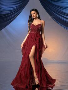 QOQ Fairy Style Women Formal Dress Romantic Evening Gown For Wedding Events, Cocktail Party, Charity Balls Pure Color Backless Sequined Mesh Dress Ballgown