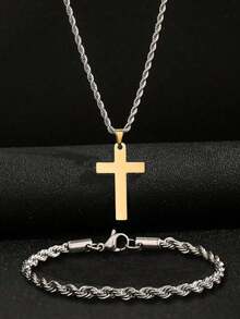 2 件套不锈钢扭曲金银色项链和手链套装，时尚男女通用礼物，适合父亲节、圣诞节、新年派对和日常佩戴