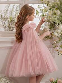 Robe de fête avec nœud pour jeune fille, robe de princesse élégante avec tulle en maille, convient pour les anniversaires de filles, les cadeaux, les bals, les occasions festives, les mariages, les robes de demoiselle d'honneur, les tenues de fête de vacances, la robe de Thanksgiving - Rose bonbon - Voir 8