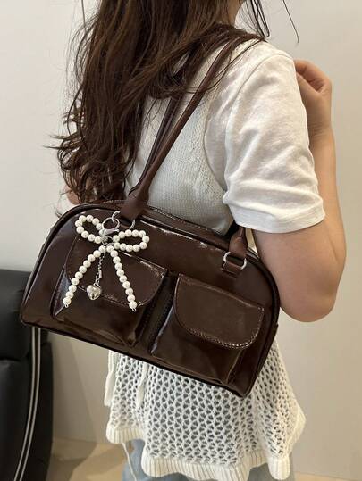 1 Minimalist Retro Zippered Open Shoulder Bag Pocket Decoration Double Handle Handbag Suitable For Women's Daily Leisure Commuting Use, Street & Japanese Bag For Women