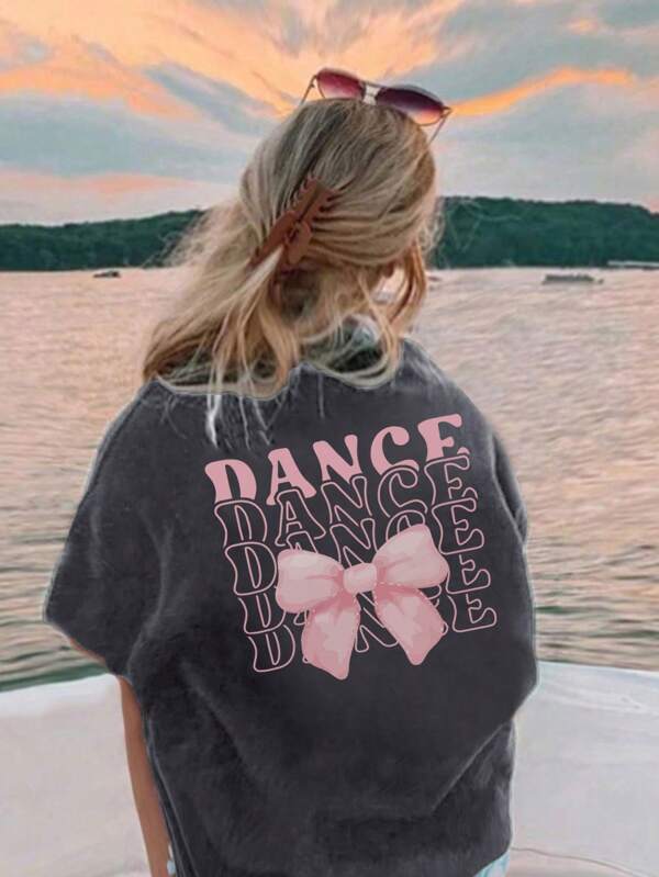 Girls & Teens Dark Grey Round Neck Graphic Print Short Sleeve Casual T-Shirt, Summer Top