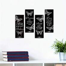 4 Pc Black Butterfly Square Wooden Wall Decor Set - Believe Dream Faith Love Symbol - Suitable For Living Room, Bedroom, Classroom, Bar, Cafe, Party Wall Hanging Decor, Holiday Gift