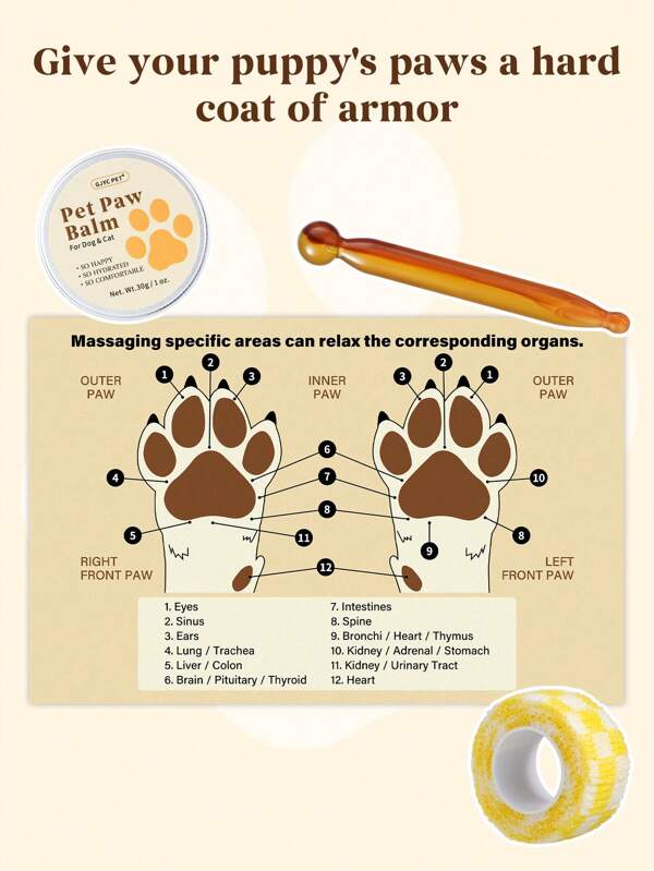 GJYC PET Ensemble de 3 pièces de soins des pattes de chien et chat - Baume hydratant, bâton de massage apaisant et bandages protecteurs pour les pattes