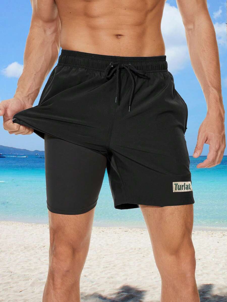 TURLAT 2 In 1 Mens Swim Trunks Quick Dry Beach Board Shorts With Drawstring And Zipper Pockets Comfy Summer - 黑色 - 查看 1