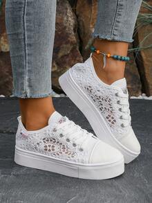 Tênis femininos de malha respirável, novos, primavera e outono de 2024, sola grossa e casual, calçados baixos