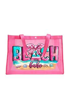 Set di borse a rete di grande capacità, borsa a rete con stampa a motivo da spiaggia, borsa a rete da spiaggia, borsa a rete per cosmetici, borsa da spiaggia impermeabile pieghevole di grande capacità, borsa da spiaggia a rete con decorazione a lettera - Rosa - Visualizzare 3