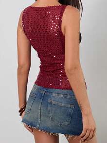 Camiseta de tirantes de mujer con lentejuelas, ajustada, transparente, con estilo, de color liso, sin mangas, para verano y primavera - Burdeos - Ver 6