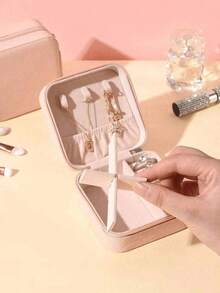 1个便携式旅行首饰收纳盒，PU皮革首饰整理盒，小型拉链首饰盒，多层耳环戒指收纳盒，化妆品收纳盒，首饰展示托盘，香水收纳盒，防水防氧化材质，保护戒指、耳环和项链，节日礼物，送她的礼物，适合教师使用 - 粉色 - 查看 6