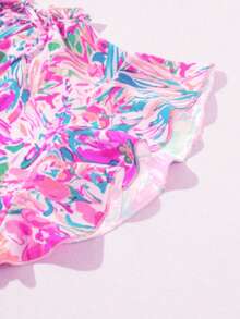 Women's Floral Print V-Neck Ruffle Trim Short Sleeve T-Shirt, Fashionable Pullover Top For Summer - Multicolor - View 4