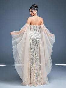 Off Shoulder Ruffle Layered Butterfly Sleeve Patchwork Sequin Fitted Mermaid Maxi Dress